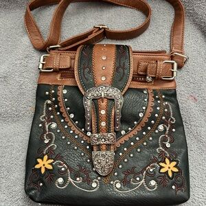 Western Embroidered Brown and Black Women's Bag